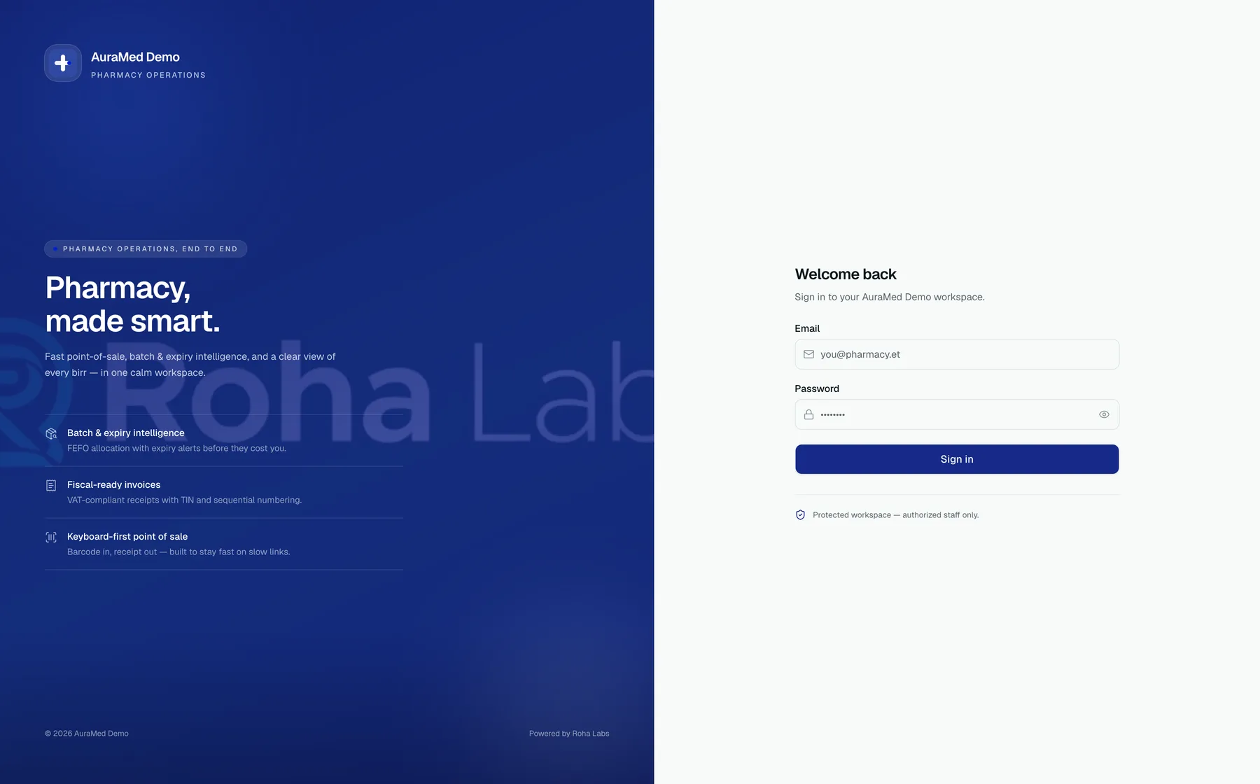 Pharmacy operations workspace sign-in, with batch and expiry intelligence and fiscal-ready invoices