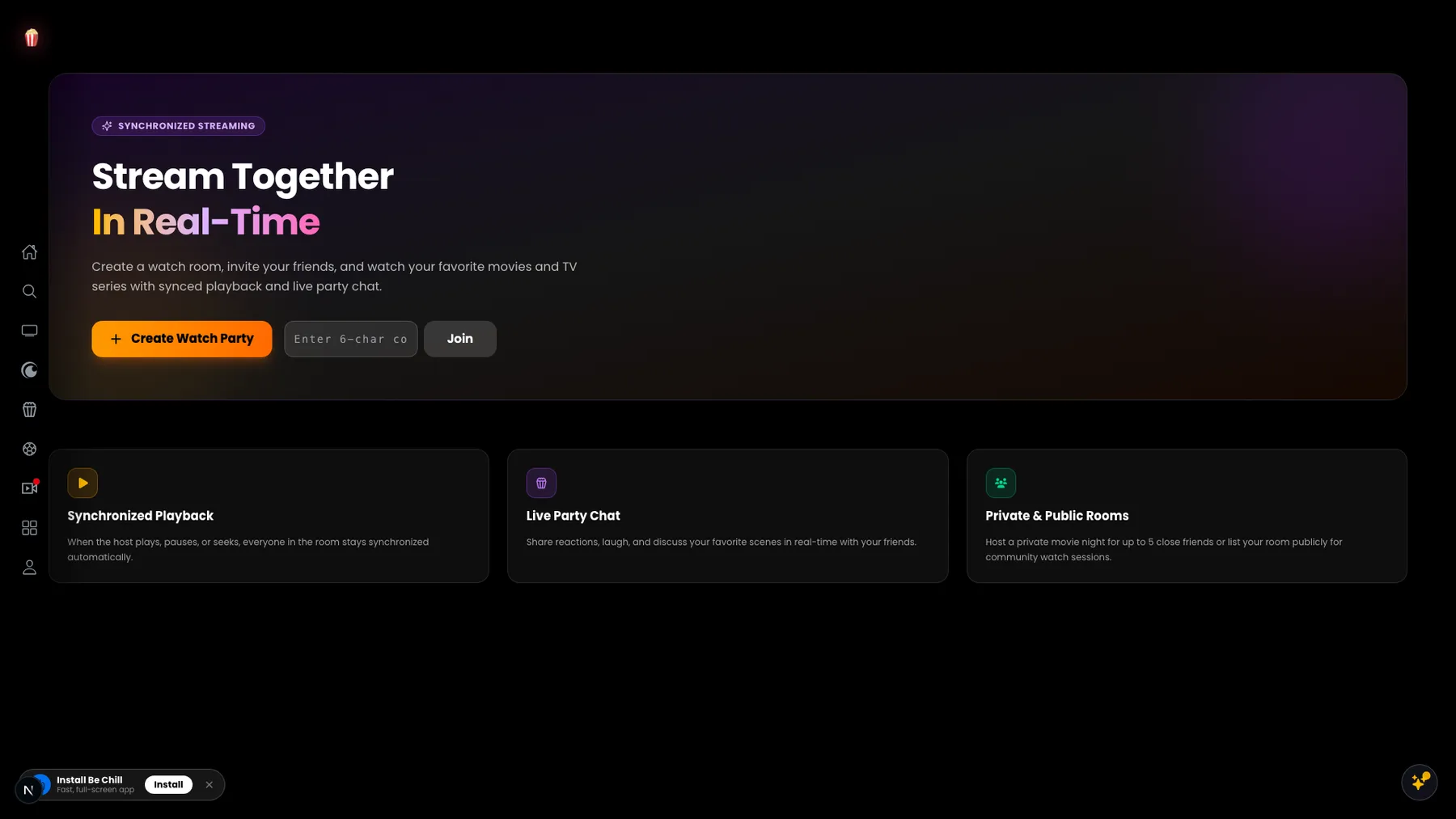 Watch party: synchronised playback with live chat in private or public rooms