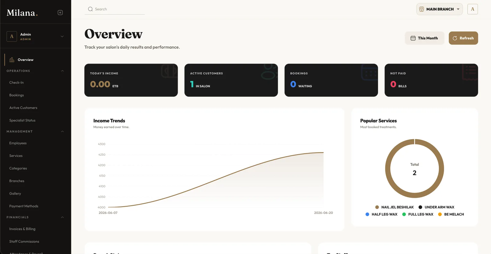 Salon overview dashboard: daily income, active customers, bookings, income trend and most-booked treatments