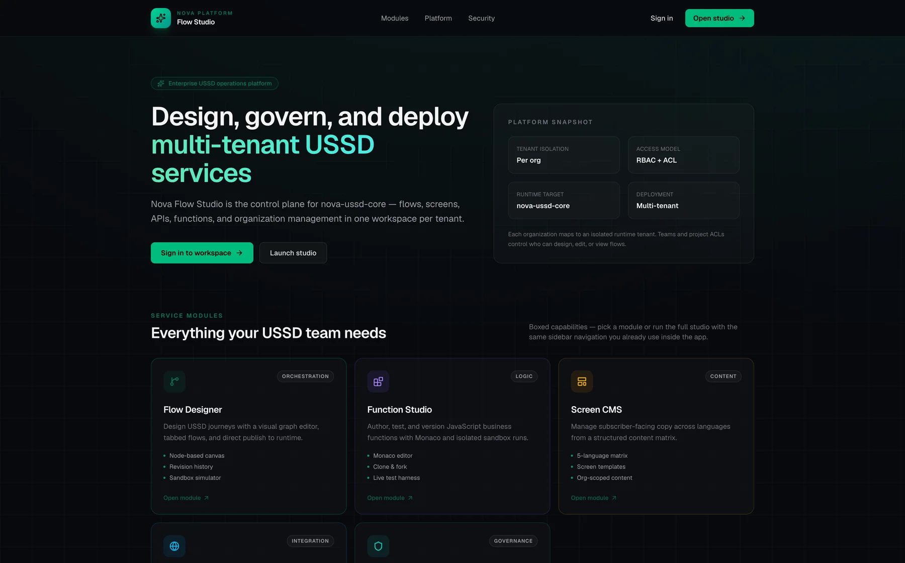 Nova Flow Studio: the control plane for multi-tenant USSD services, with flow designer, function studio and screen CMS modules