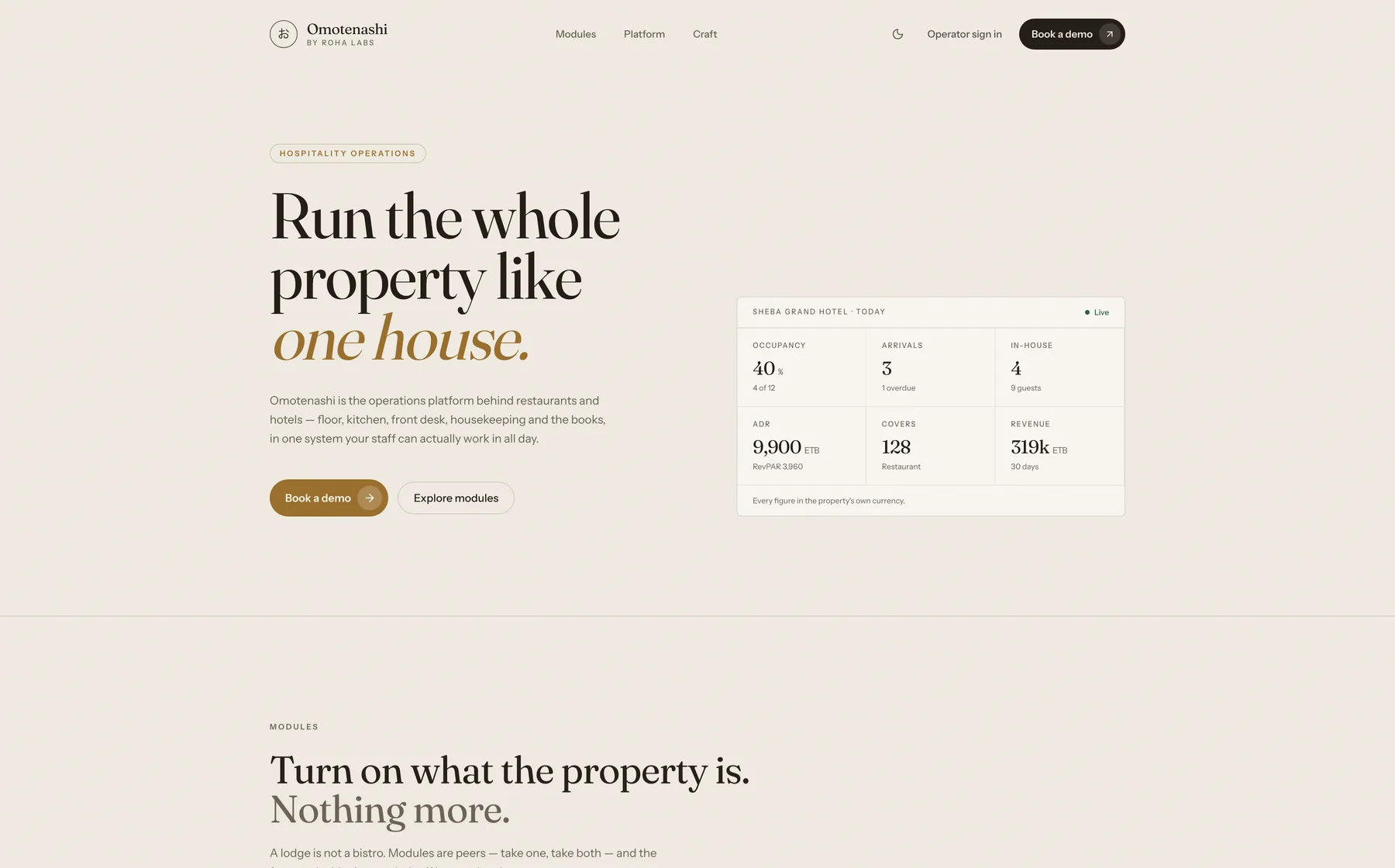 Omotenashi hospitality platform: one operations system for restaurants and hotels, with live occupancy, arrivals, covers and revenue